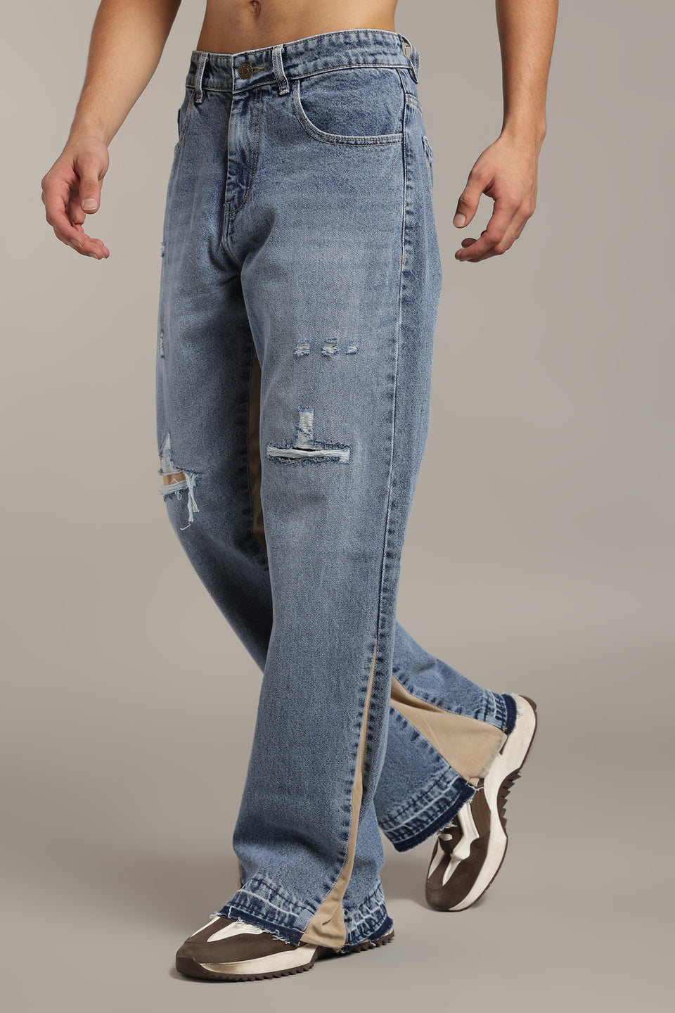 Contrast Panel Flared Jeans- Beige