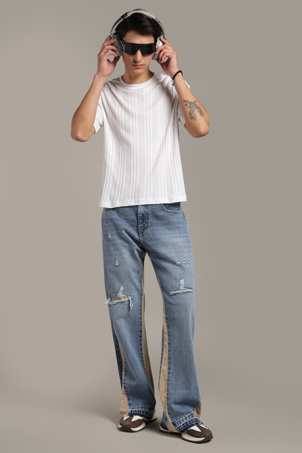 Contrast Panel Flared Jeans- Beige