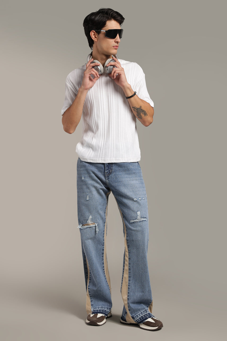 Contrast Panel Flared Jeans- Beige