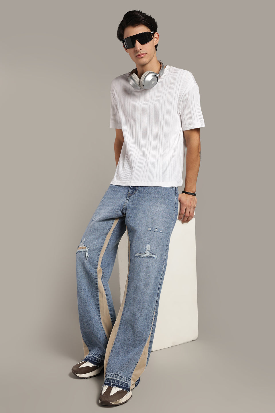 Contrast Panel Flared Jeans- Beige