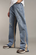 Contrast Panel Flared Jeans- Beige