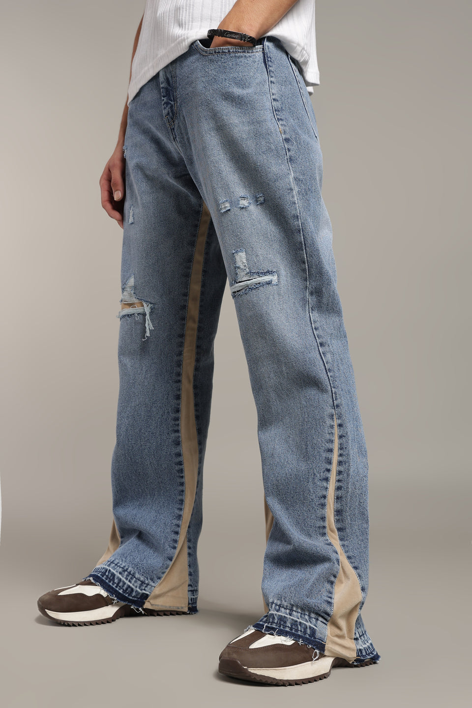 Contrast Panel Flared Jeans- Beige