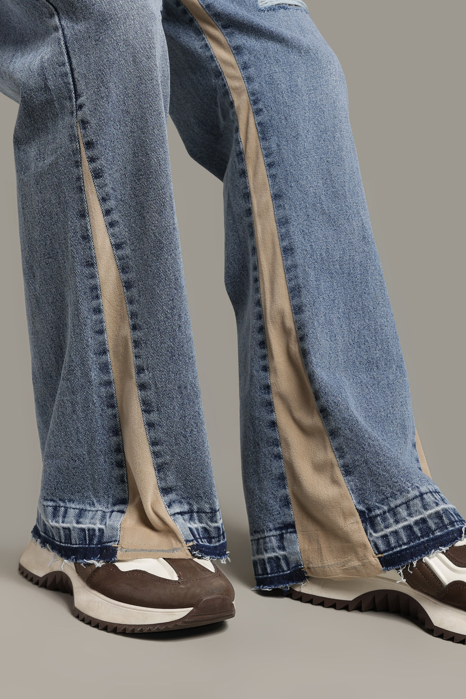 Contrast Panel Flared Jeans- Beige