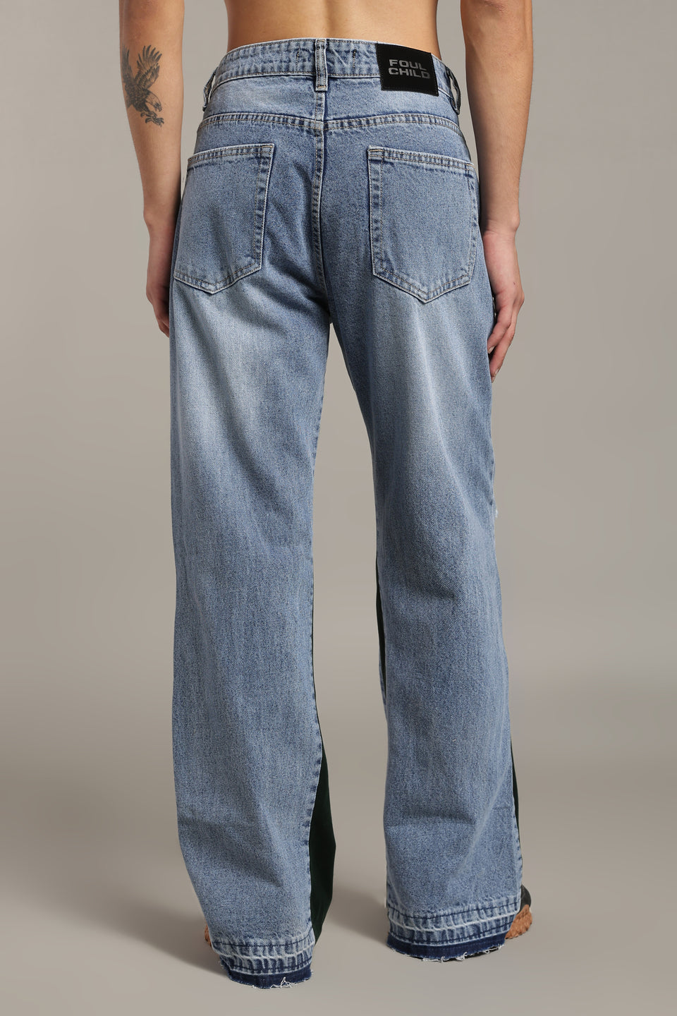 Contrast Panel Flared Jeans- Deep Green