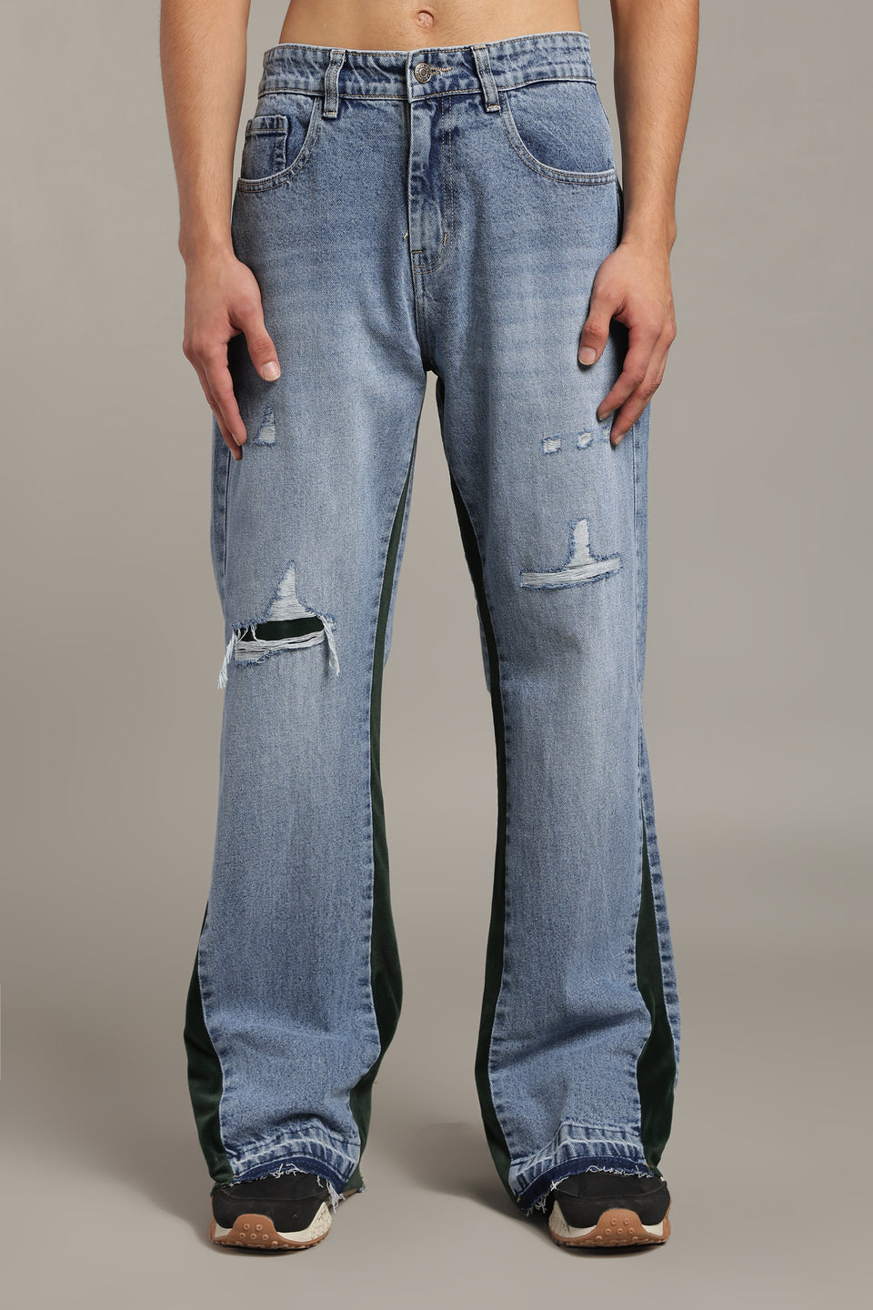 Contrast Panel Flared Jeans- Deep Green