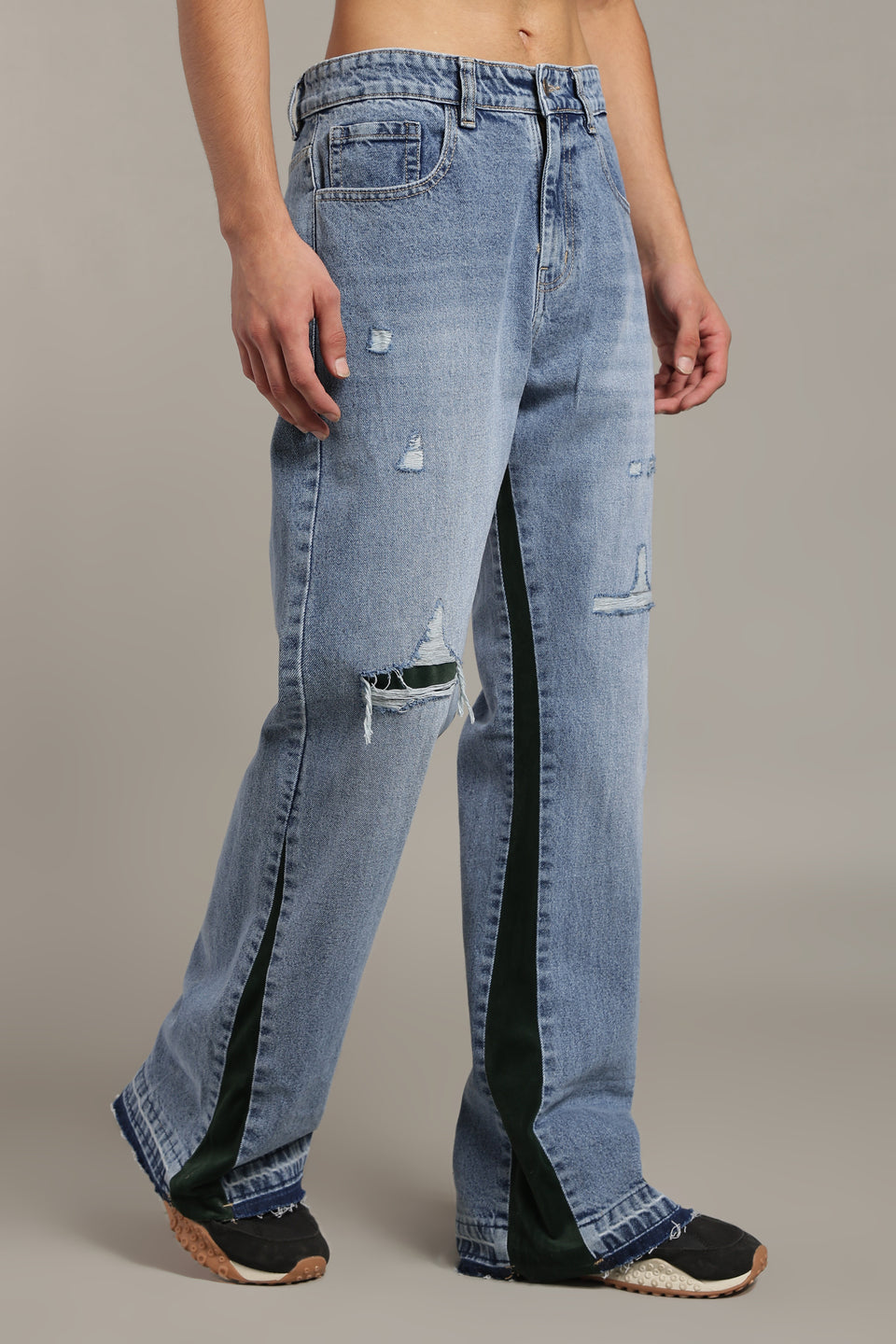 Contrast Panel Flared Jeans- Deep Green