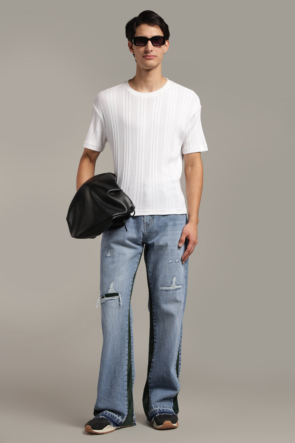 Contrast Panel Flared Jeans- Deep Green