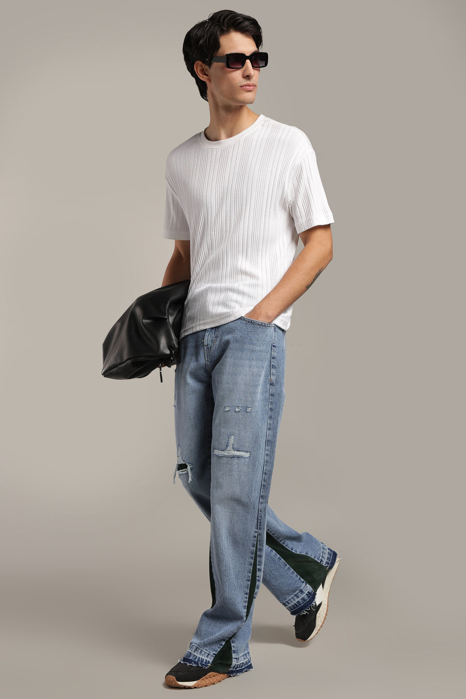 Contrast Panel Flared Jeans- Deep Green