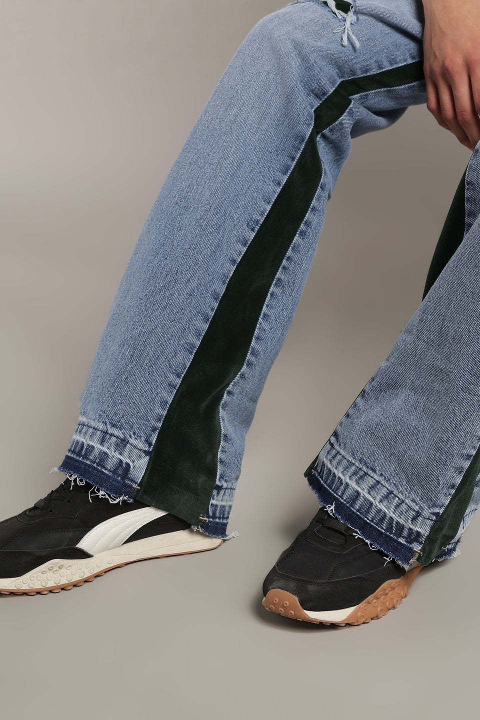 Contrast Panel Flared Jeans- Deep Green