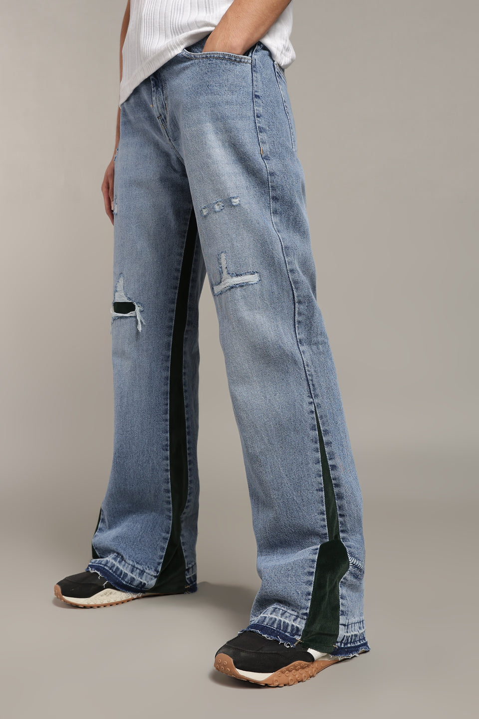 Contrast Panel Flared Jeans- Deep Green