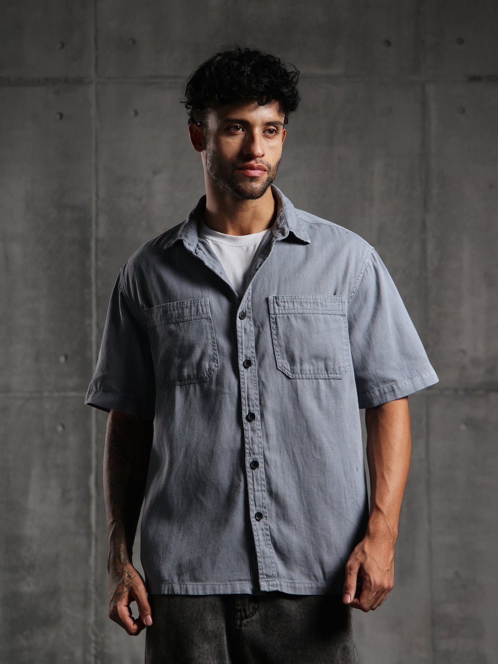 Dual Pocket-Boxy Fit Shirt-Dark Gray