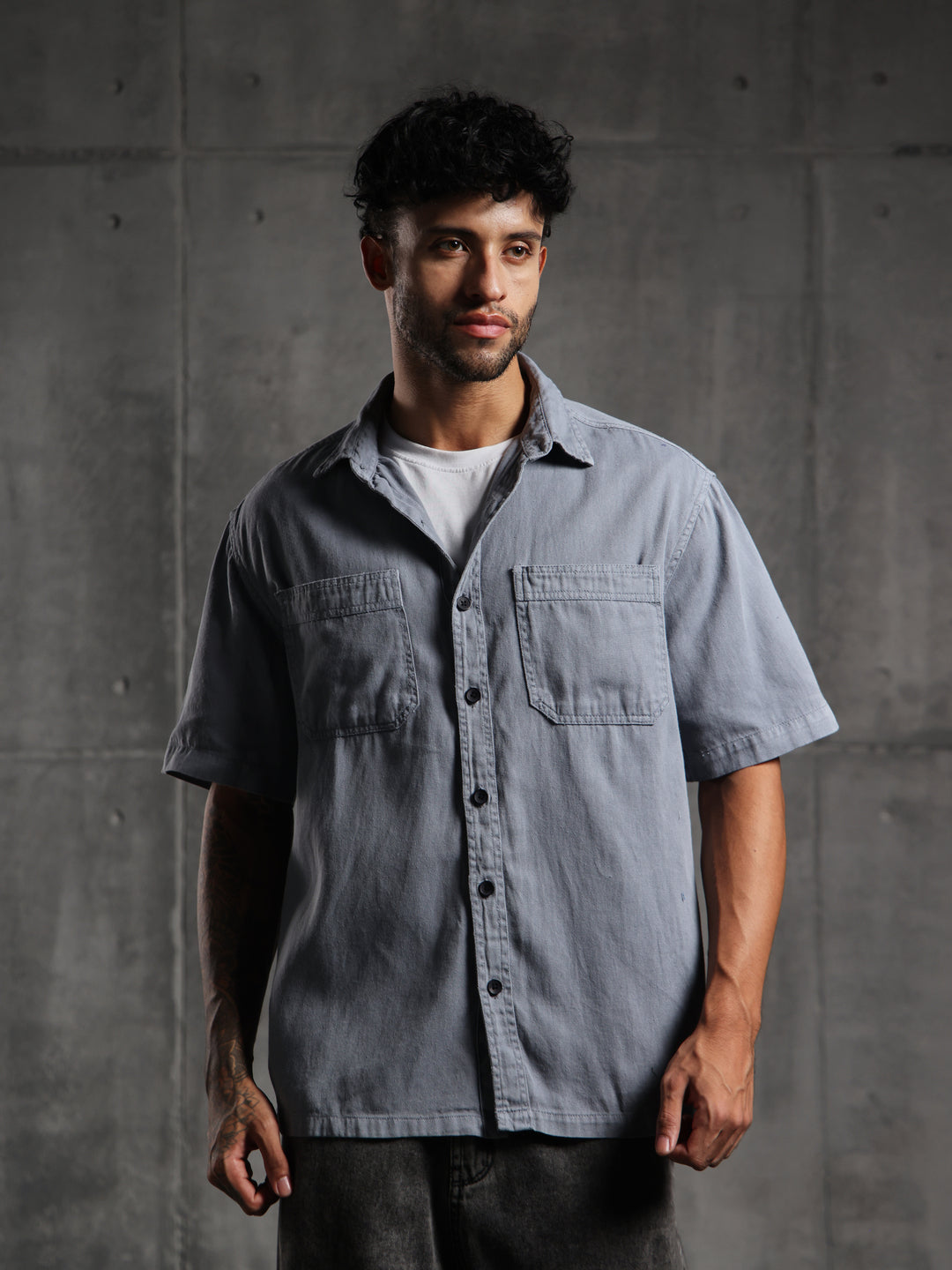 Dual Pocket-Boxy Fit Shirt-Dark Gray