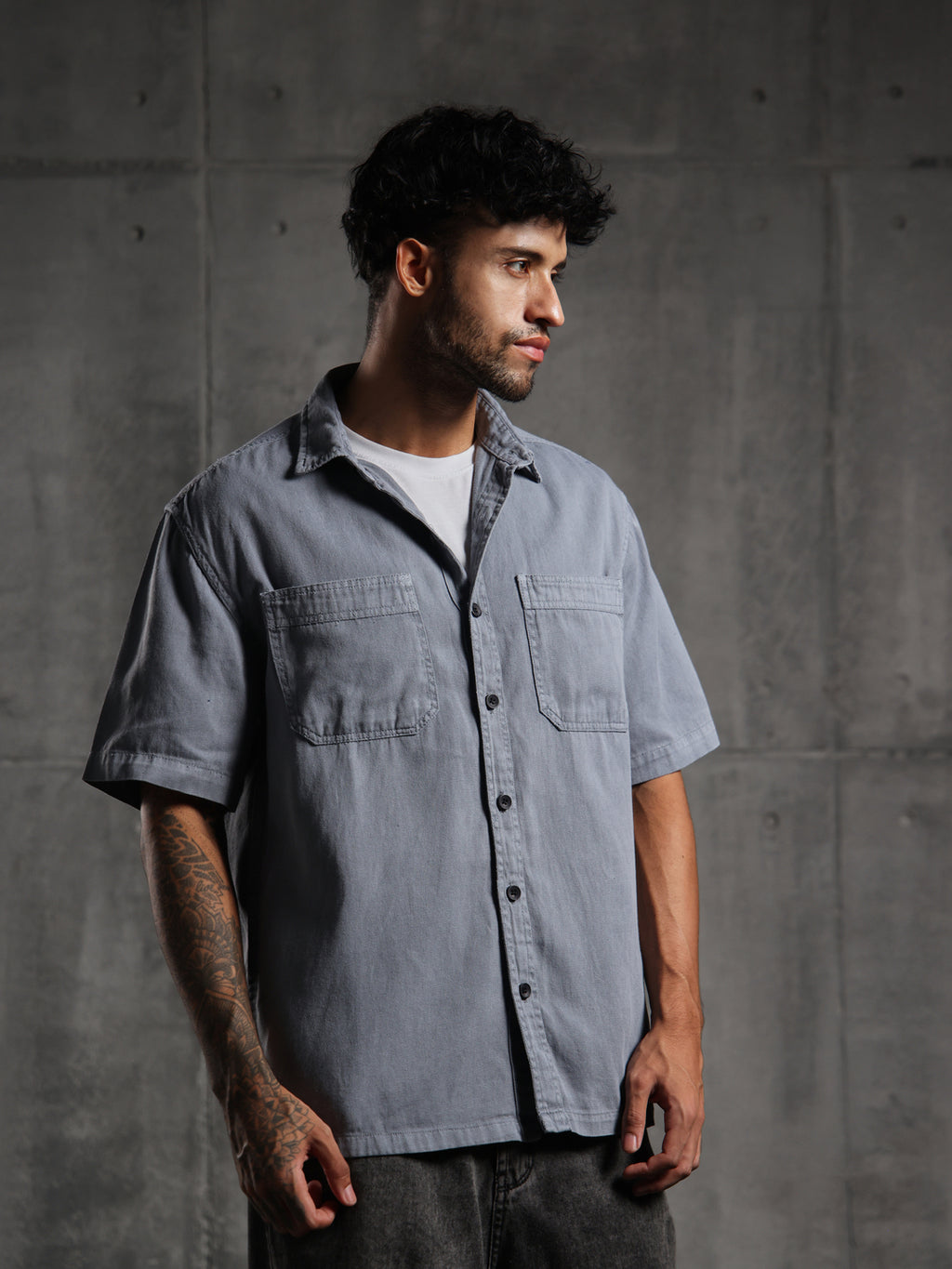 Dual Pocket-Boxy Fit Shirt-Dark Gray