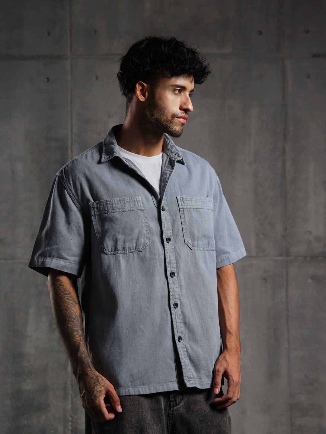 Dual Pocket-Boxy Fit Shirt-Dark Gray