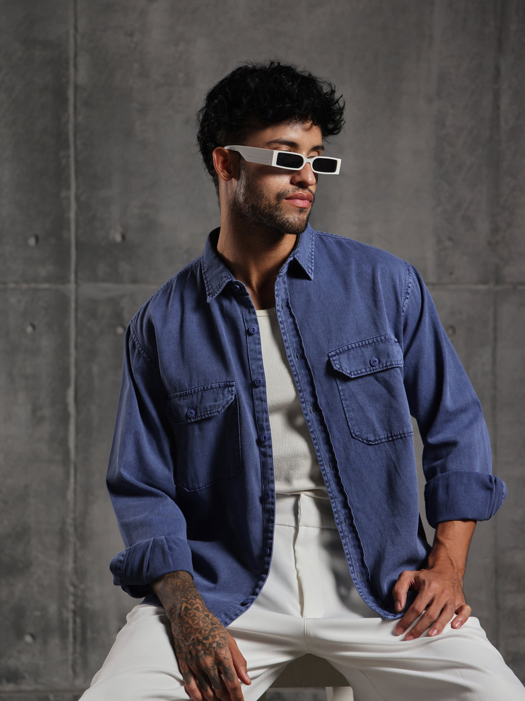 Double Flap Pocket Shirt- Relax/Baggy Fit - Deep Blue