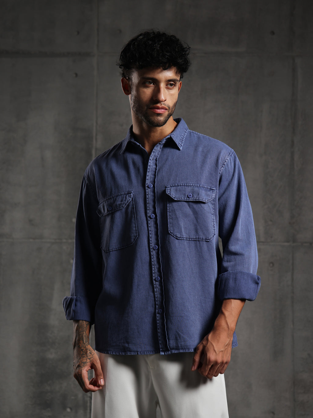 Double Flap Pocket Shirt- Relax/Baggy Fit - Deep Blue