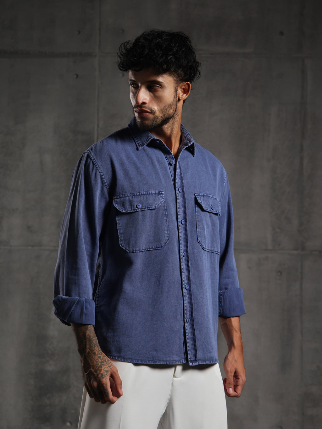 Double Flap Pocket Shirt- Relax/Baggy Fit - Deep Blue