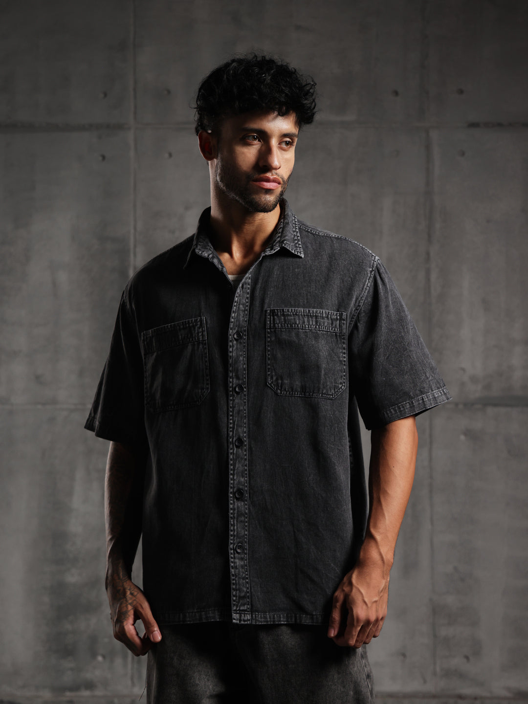 Dual Pocket-Boxy Fit Shirt-Charcoal