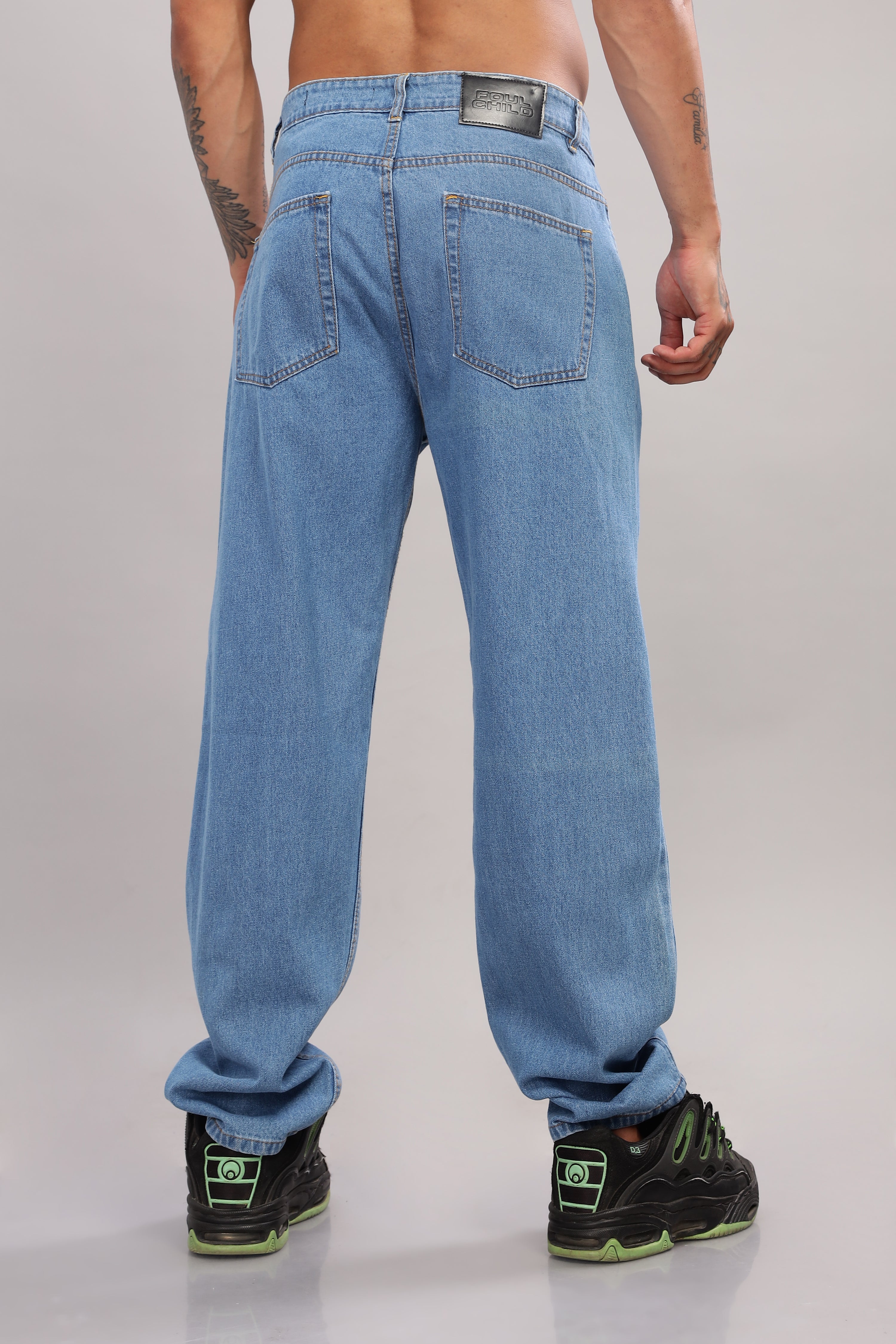 Jesus Cross Embroidery Design Blue Baggy Fit Jeans