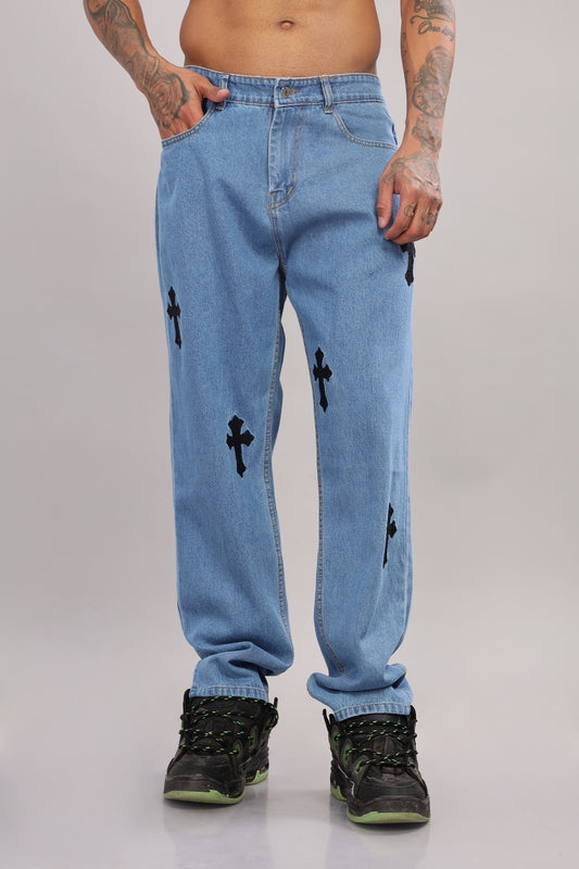 Jesus Cross Embroidery Design Blue Baggy Fit Jeans