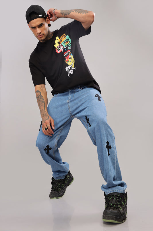 Jesus Cross Embroidery Design Blue Baggy Fit Jeans