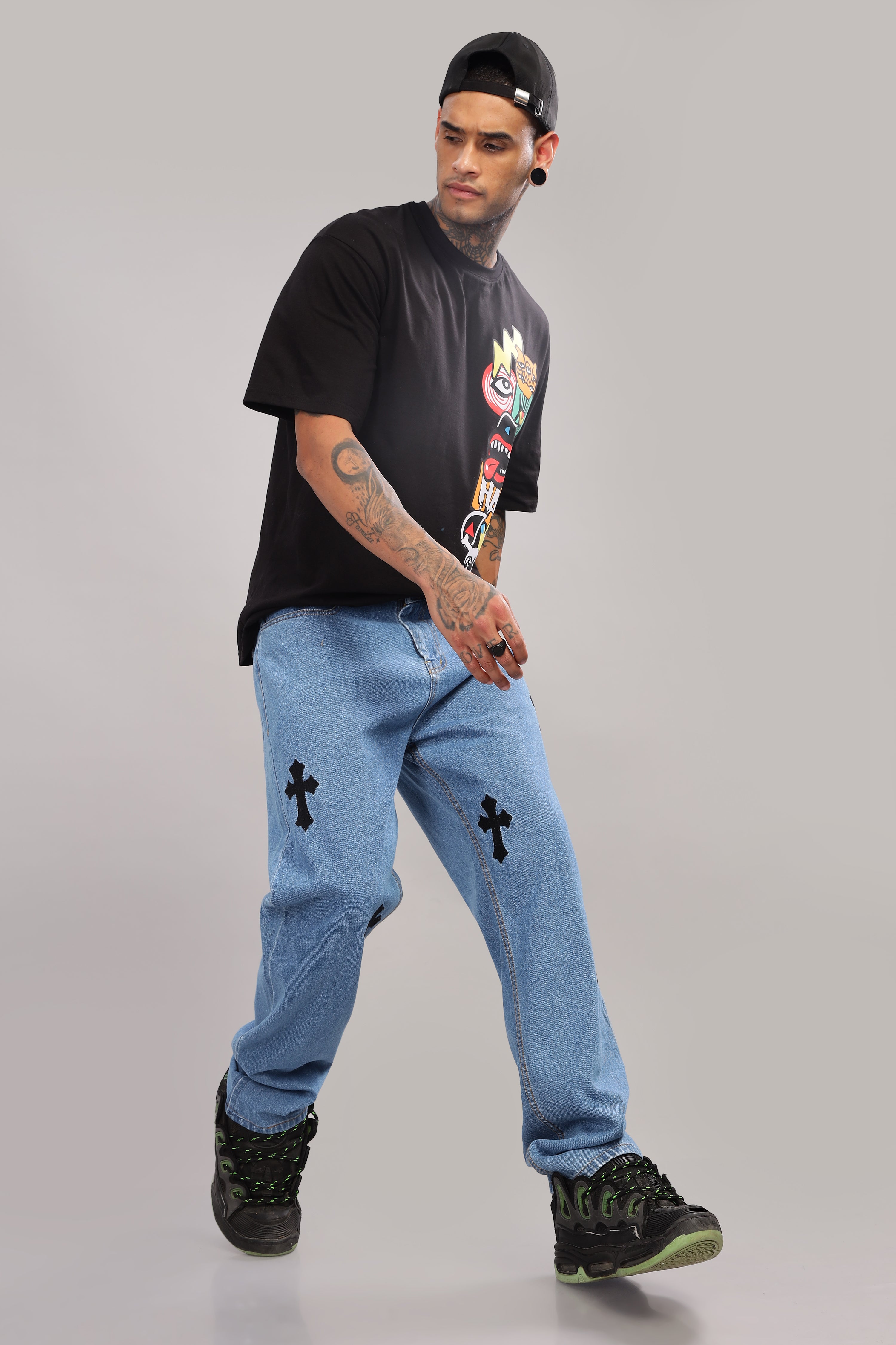 Jesus Cross Embroidery Design Blue Baggy Fit Jeans