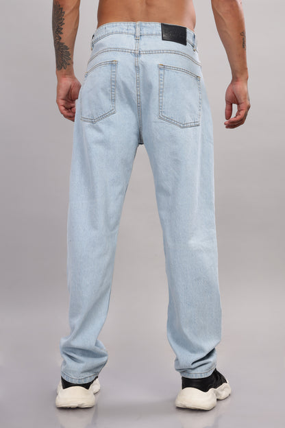 Jesus Cross Embroidery Design Light Blue Baggy Fit Jeans