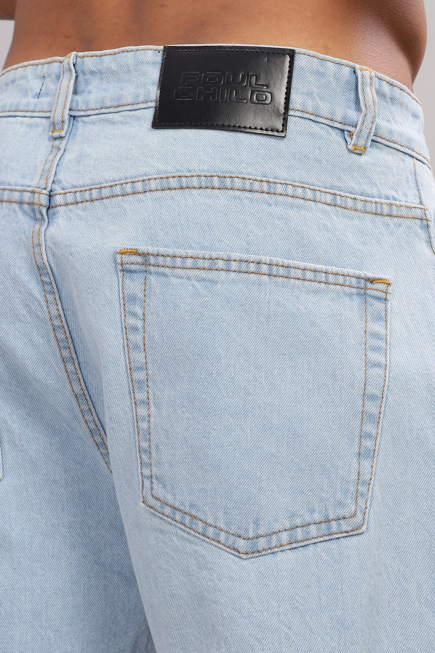 Jesus Cross Embroidery Design Light Blue Baggy Fit Jeans