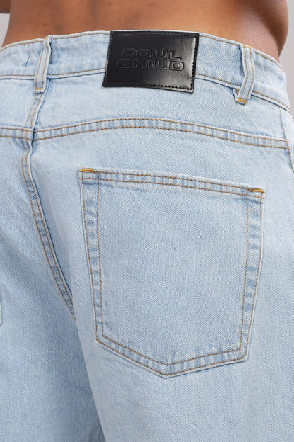 Jesus Cross Embroidery Design Light Blue Baggy Fit Jeans