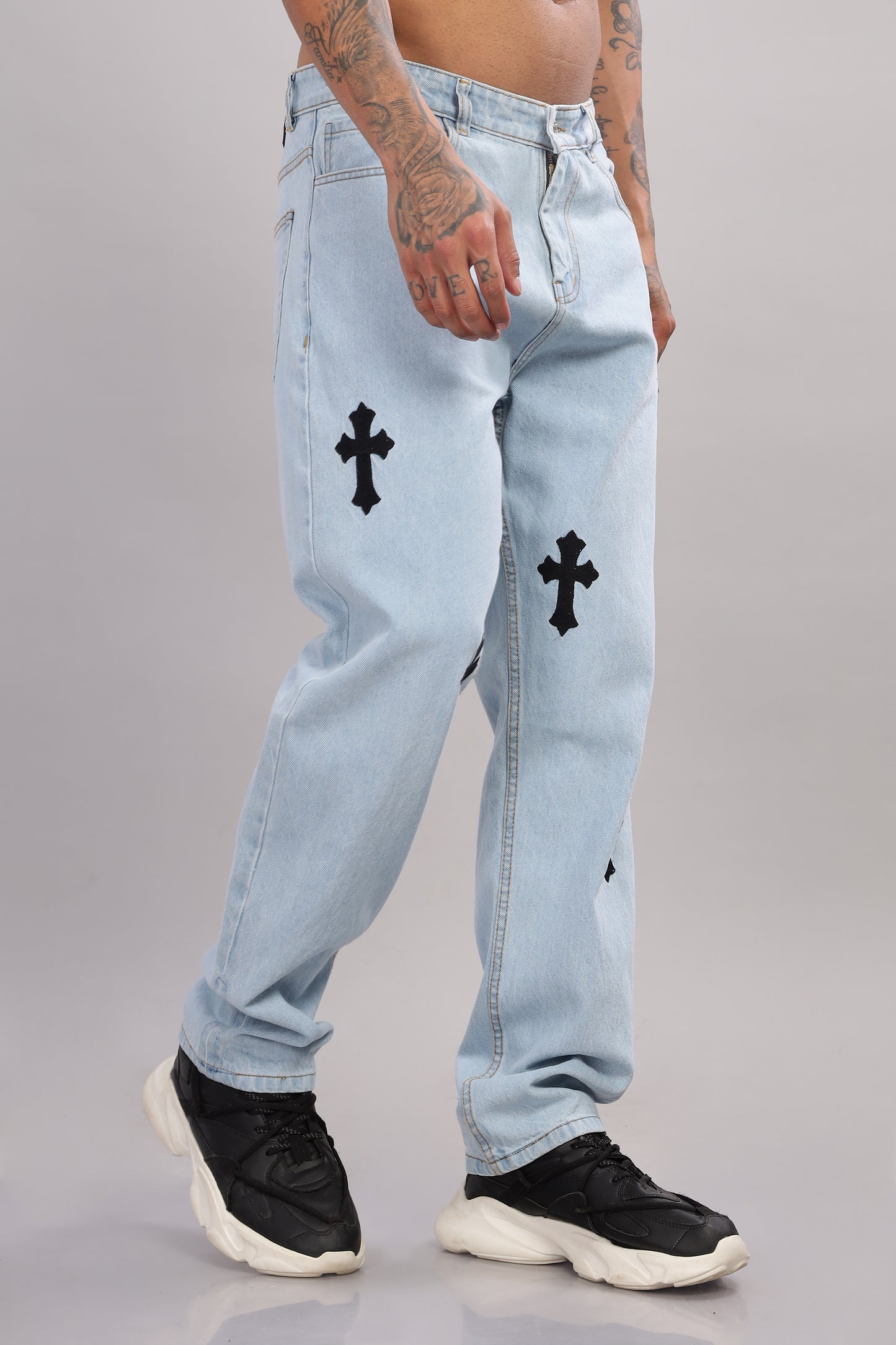 Jesus Cross Embroidery Design Light Blue Baggy Fit Jeans