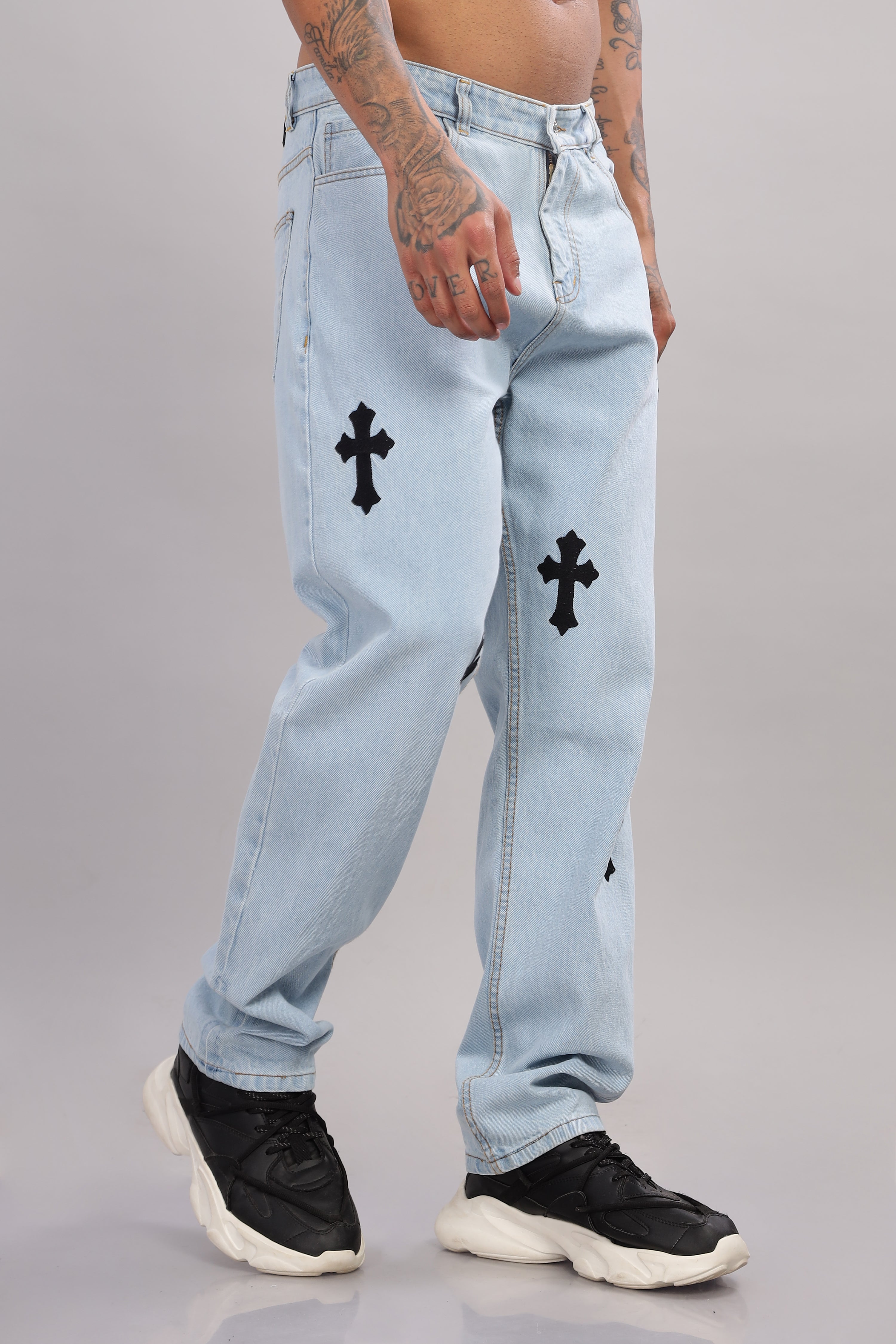 Jesus Cross Embroidery Design Light Blue Baggy Fit Jeans