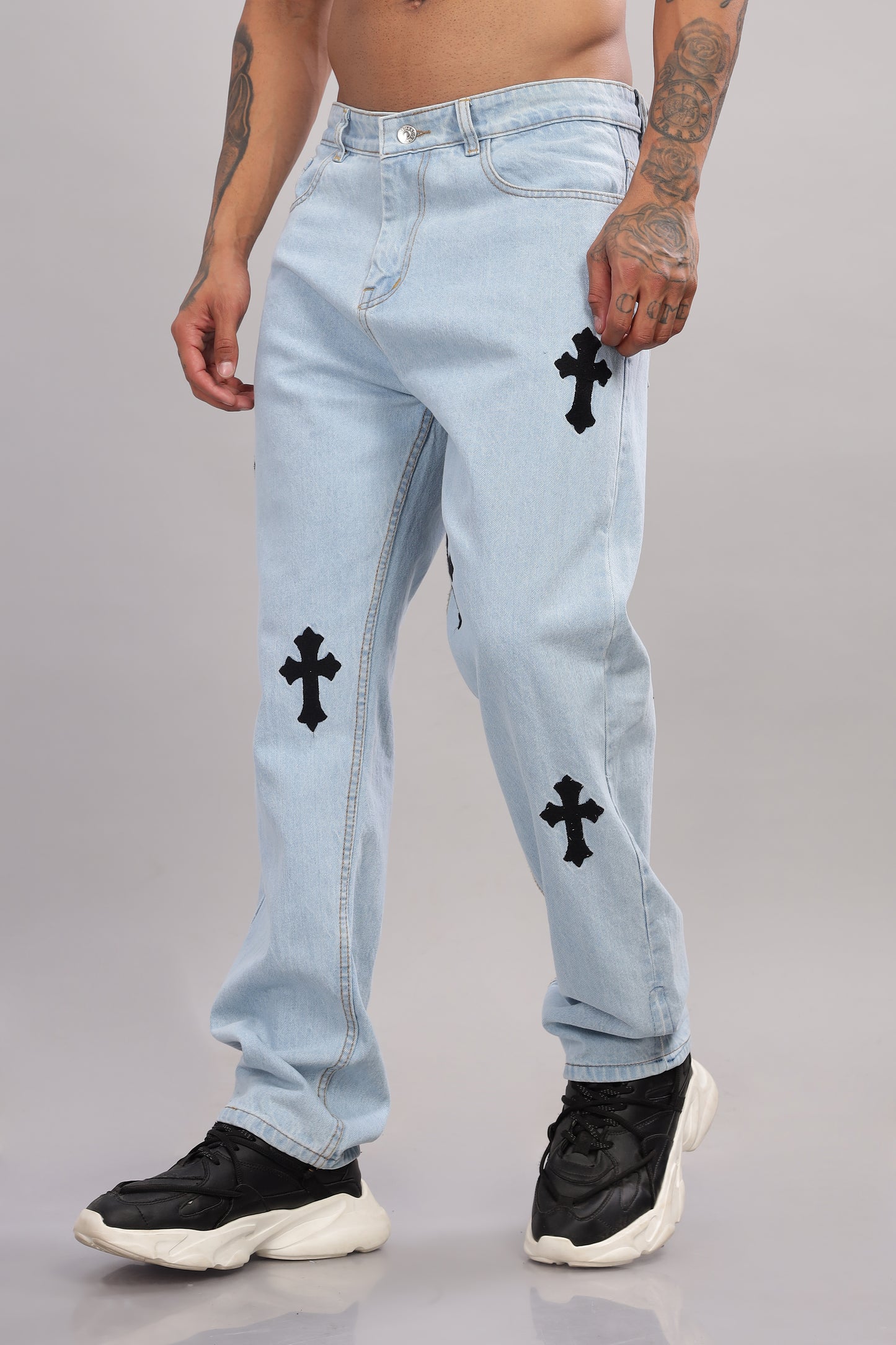 Jesus Cross Embroidery Design Light Blue Baggy Fit Jeans