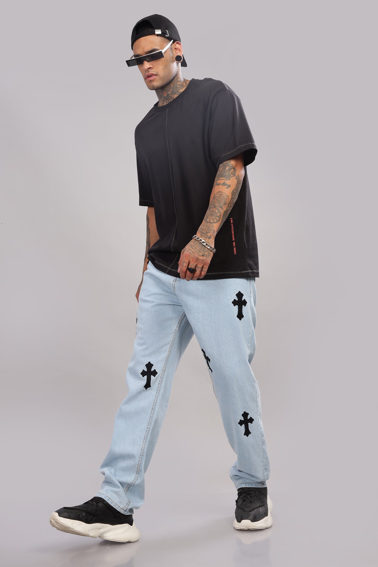 Jesus Cross Embroidery Design Light Blue Baggy Fit Jeans