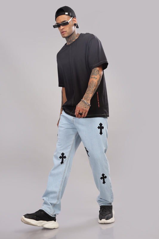 Jesus Cross Embroidery Design Light Blue Baggy Fit Jeans