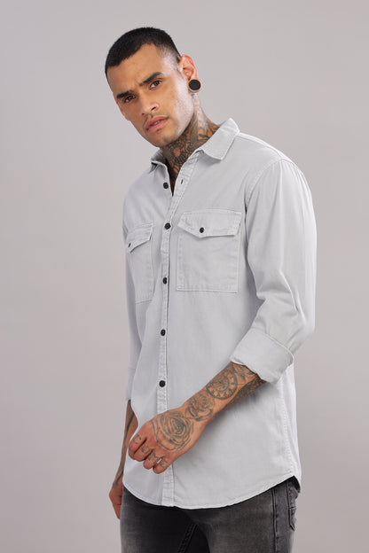 Light Grey Cotton Shirt | Dual Pocket | Regular Fit