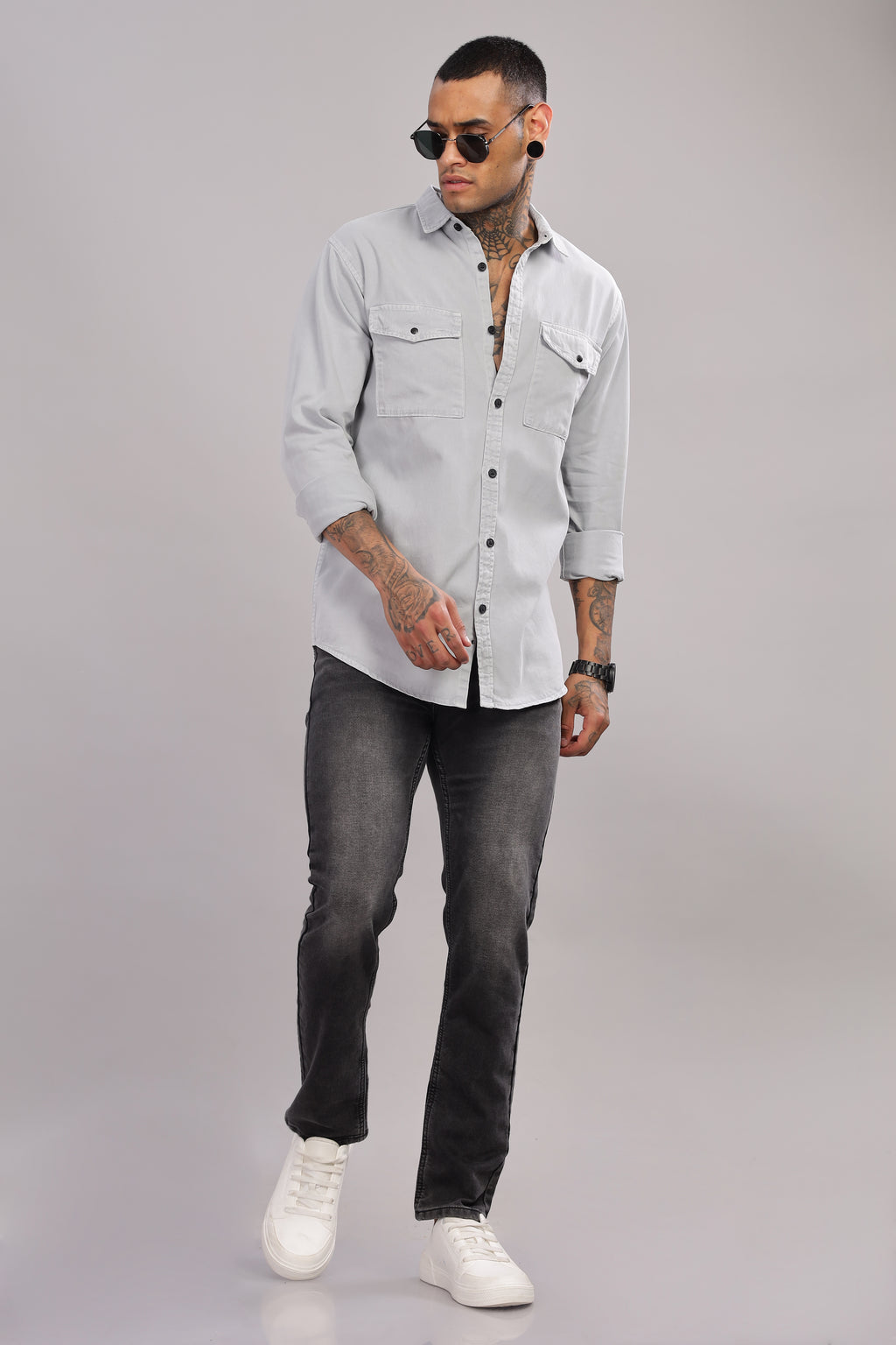 Light Grey Cotton Shirt | Dual Pocket | Regular Fit