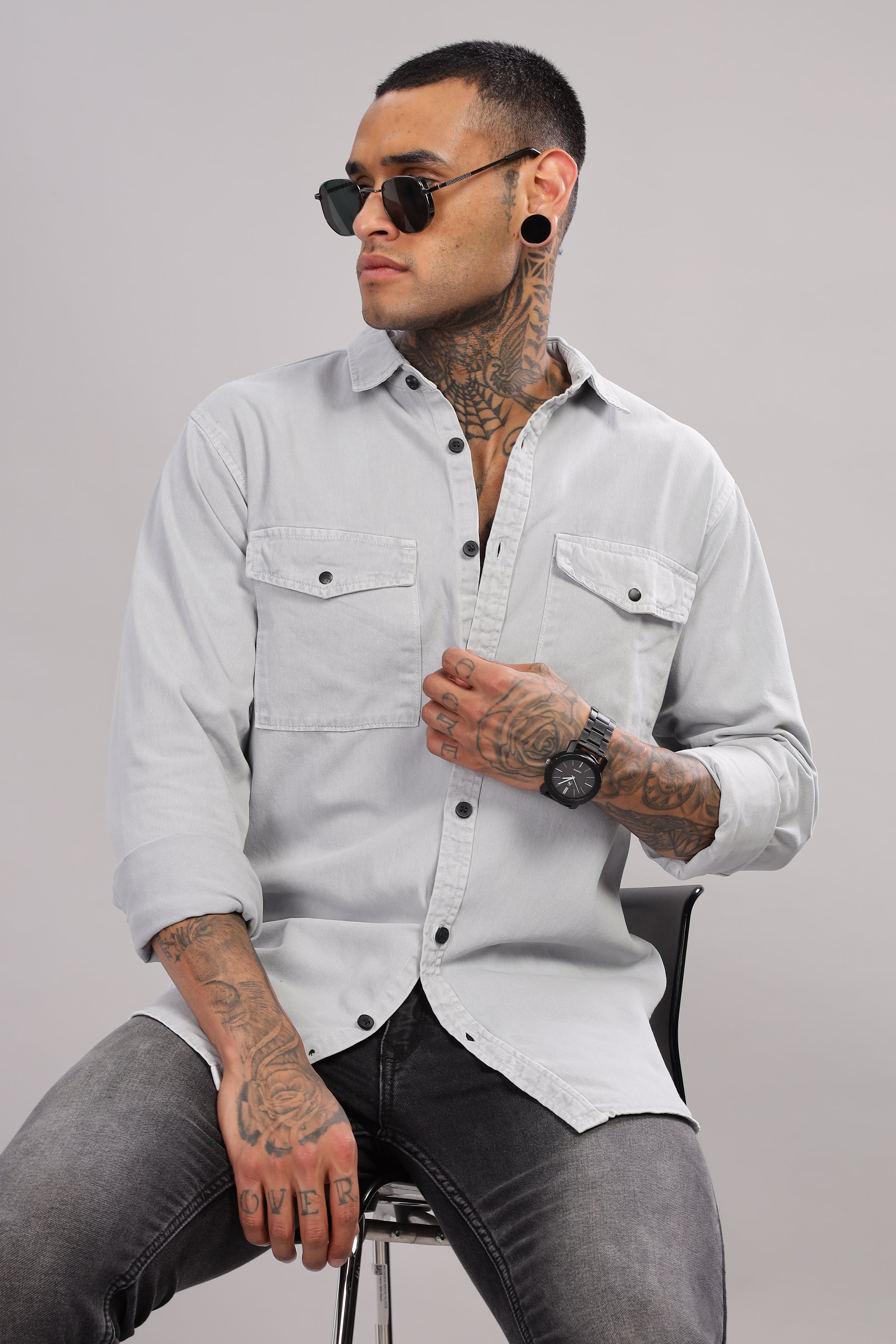 Light Grey Cotton Shirt | Dual Pocket | Regular Fit