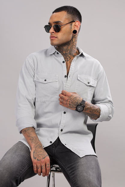Light Grey Cotton Shirt | Dual Pocket | Regular Fit