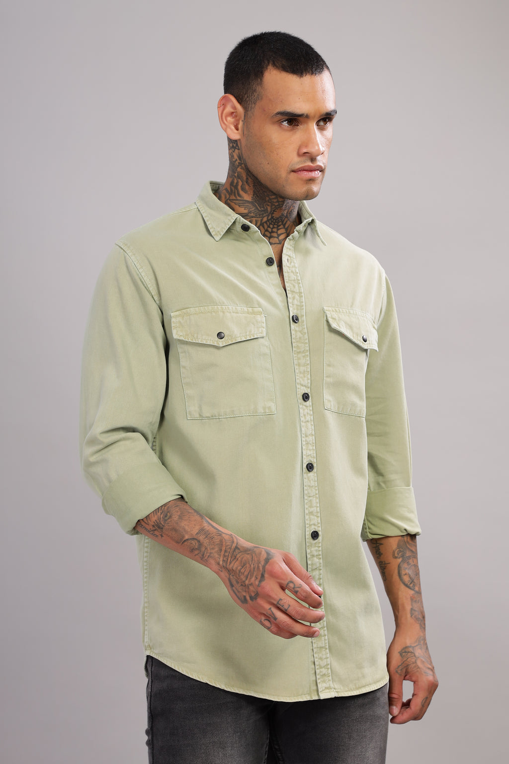 Green Cotton Shirt – Full Sleeve with Dual Chest Pockets