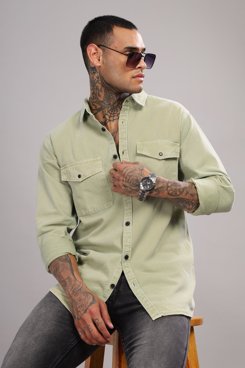 Green Cotton Shirt – Full Sleeve with Dual Chest Pockets