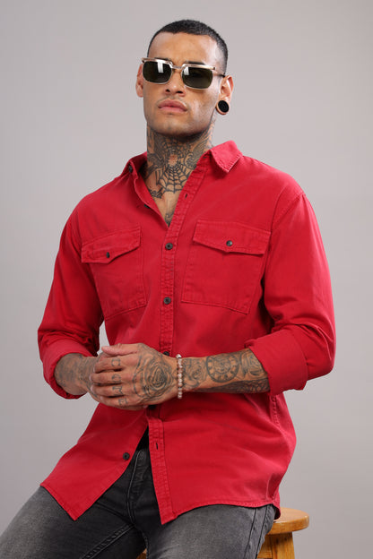 Red Cotton Shirt | Dual Pocket | Regular Fit