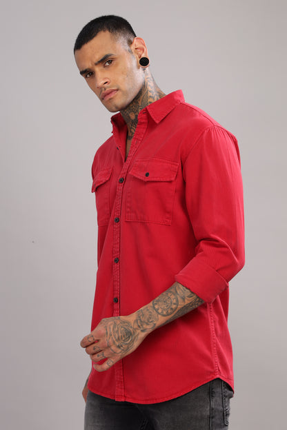 Red Cotton Shirt | Dual Pocket | Regular Fit