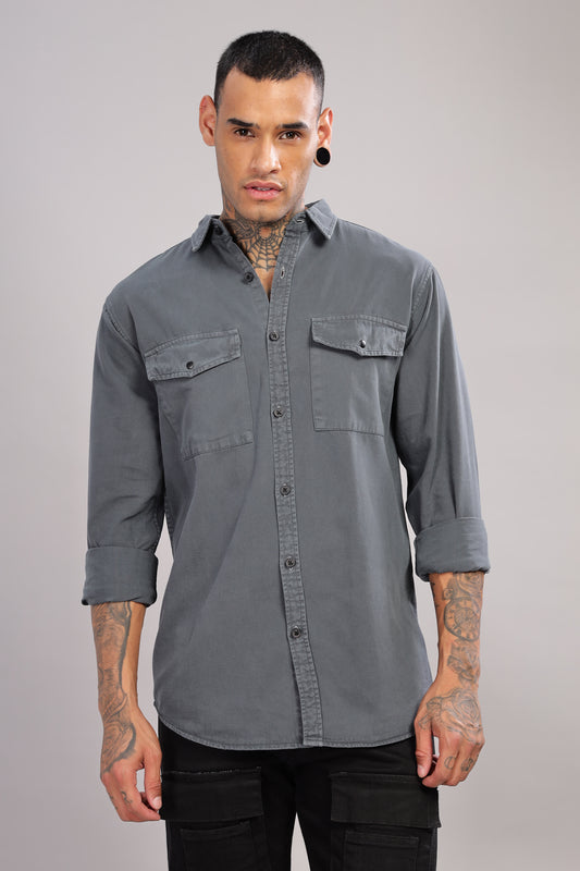 Charcoal Grey Cotton Shirt | Dual Pocket | Regular Fit