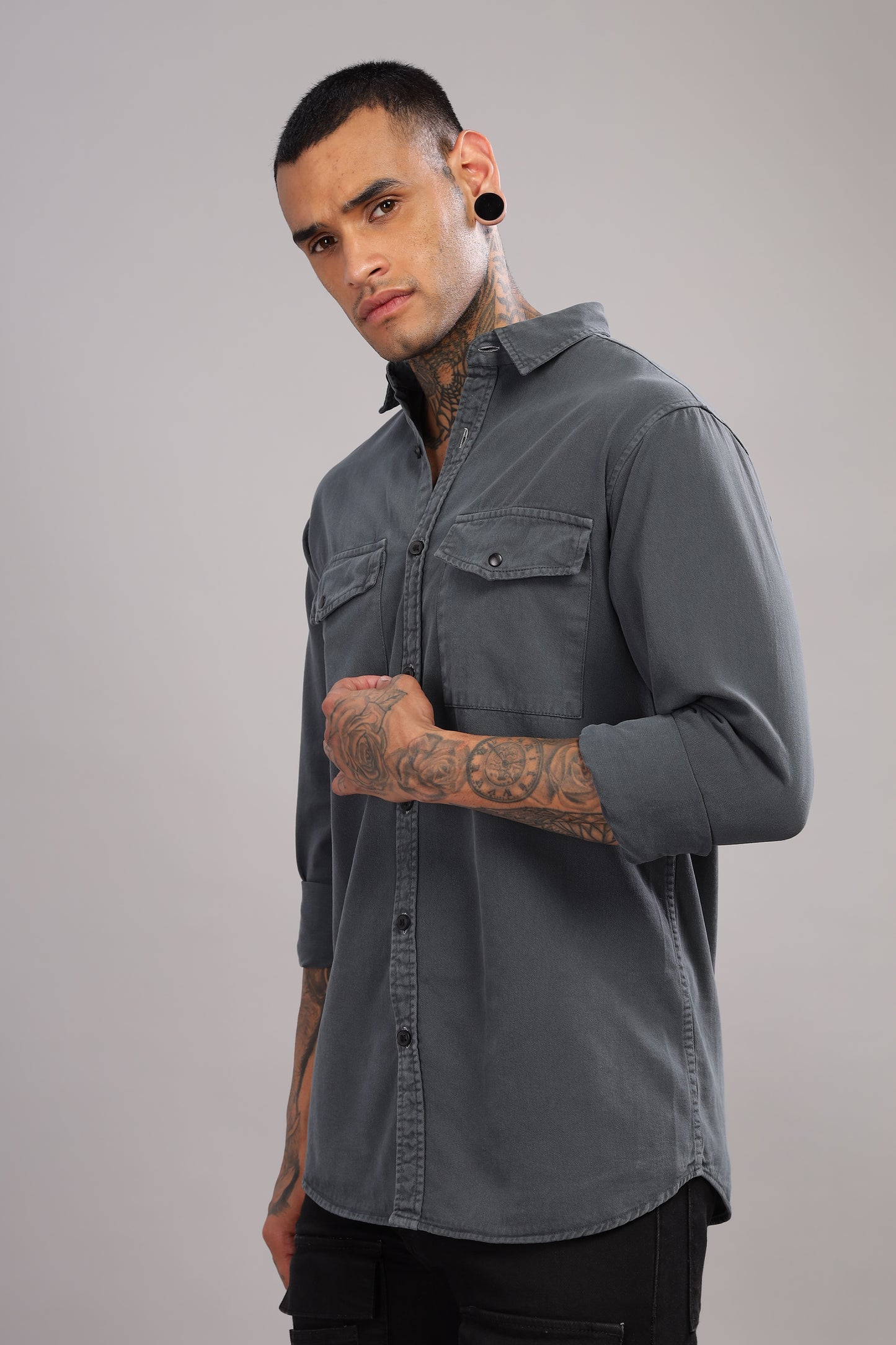 Charcoal Grey Cotton Shirt | Dual Pocket | Regular Fit