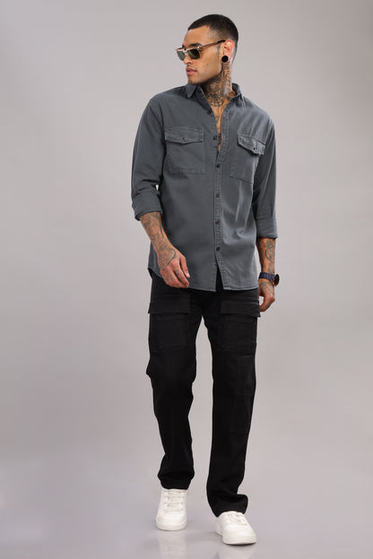 Charcoal Grey Cotton Shirt | Dual Pocket | Regular Fit