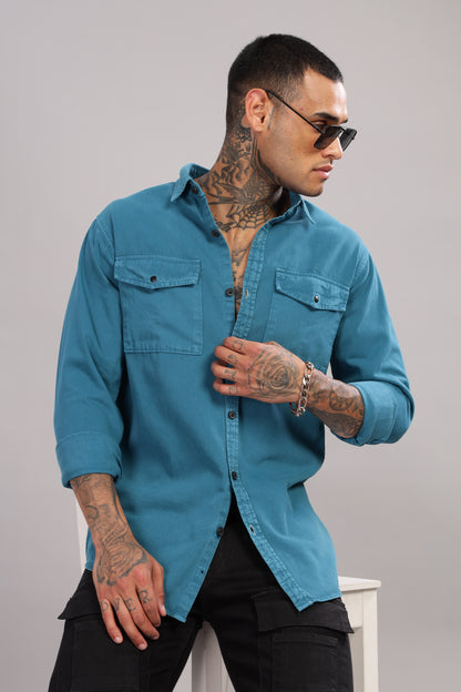 Teal Blue Cotton Shirt | Dual Pocket | Regular Fit