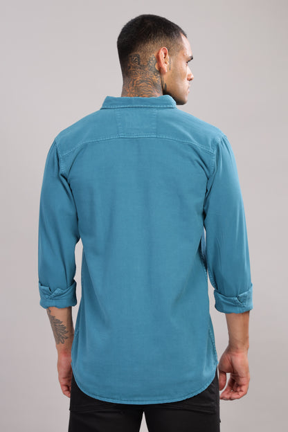 Teal Blue Cotton Shirt | Dual Pocket | Regular Fit