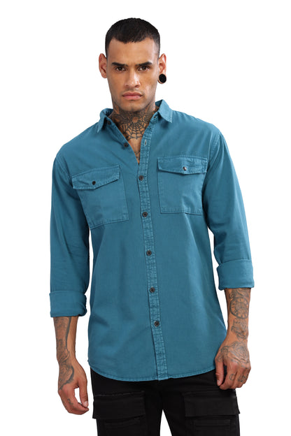 Teal Blue Cotton Shirt | Dual Pocket | Regular Fit