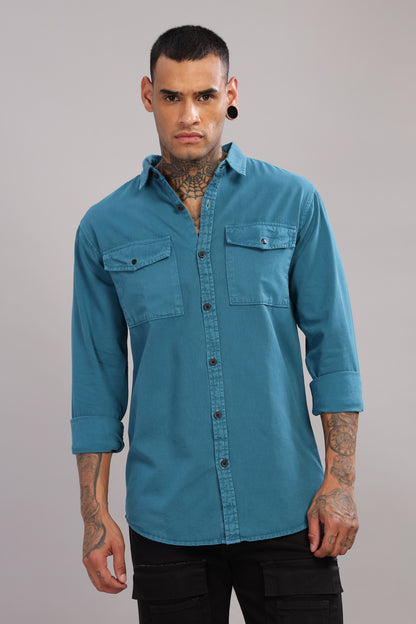 Teal Blue Cotton Shirt | Dual Pocket | Regular Fit