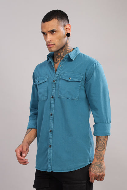 Teal Blue Cotton Shirt | Dual Pocket | Regular Fit